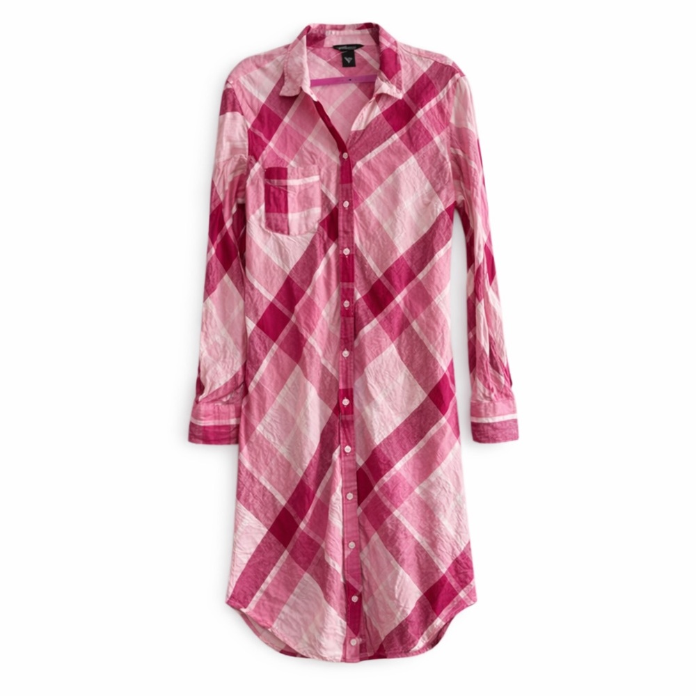 Moda International Pink Plaid 100% Linen Button‎ Down Shirt Dress Womens 14
